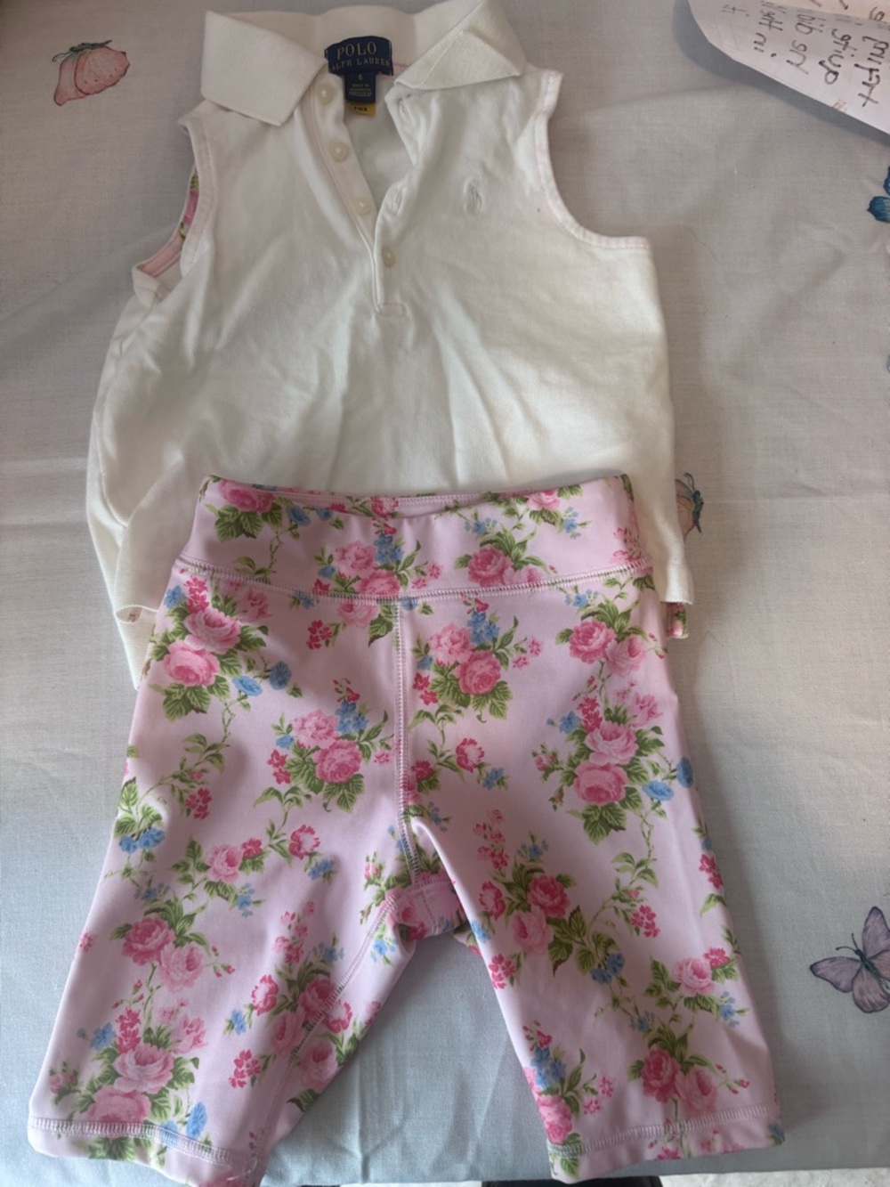Ralph Lauren White Sleeveless Polo with Pink Floral Trim